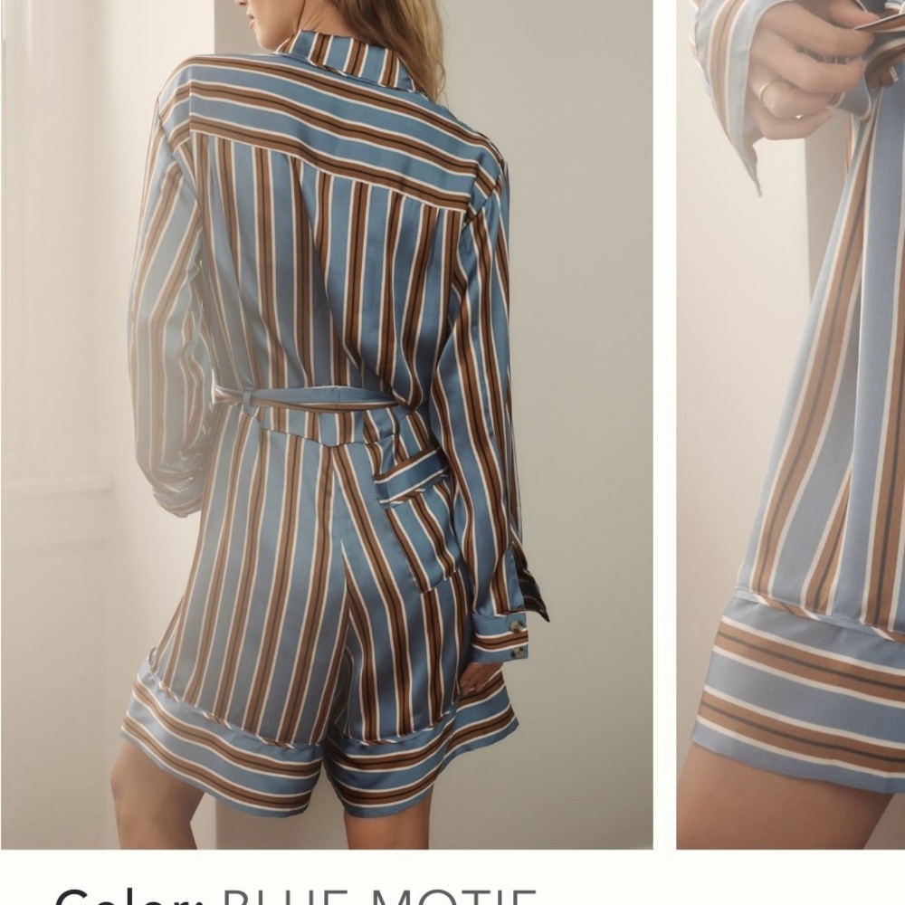 NEW NWT Anthropologie Blue Striped SATIN Romper long sleeve button down pajamas